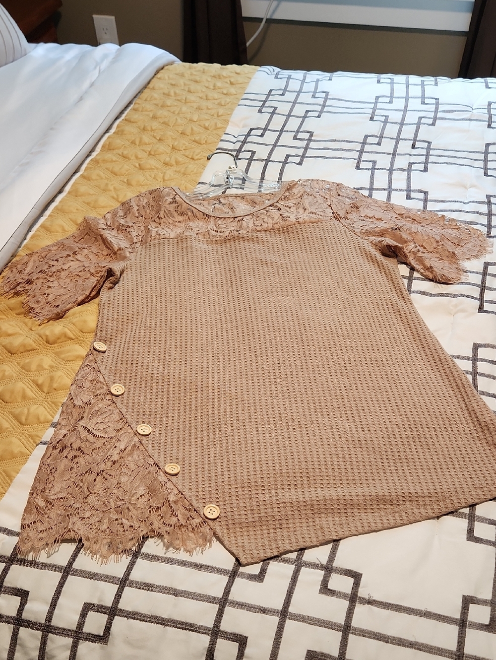 Lace Sleeve Waffle Knit Top - Beige